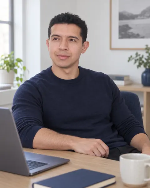 Alexander Ramírez at his desk with a laptop and a coffee