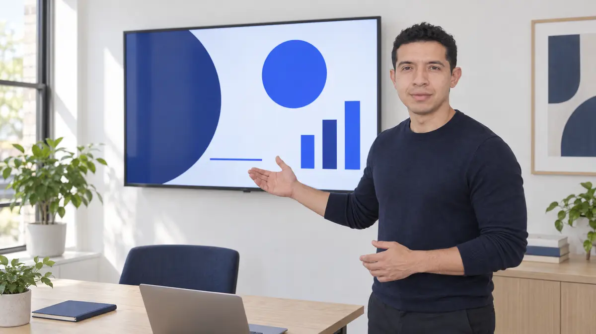 Alexander Ramírez walking a client team through a plan on a wall screen